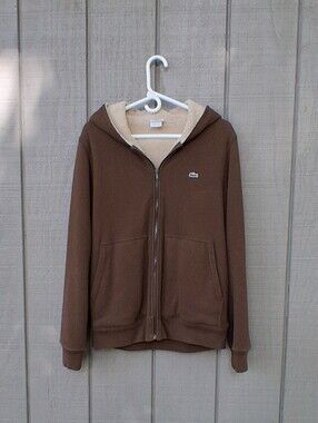 Lacoste Brown Sherpa Lined Zip Up Hoodie Sweatshirt Jacket Coat Mens Large
